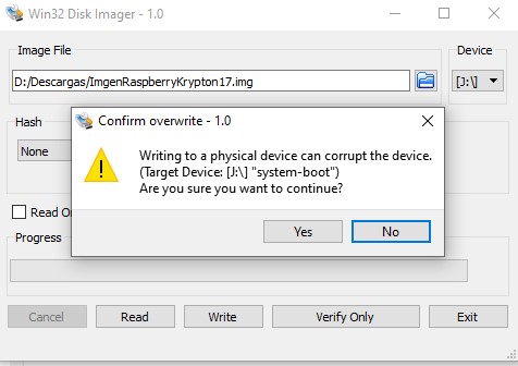 Empezar la instalación en win32 disk imager