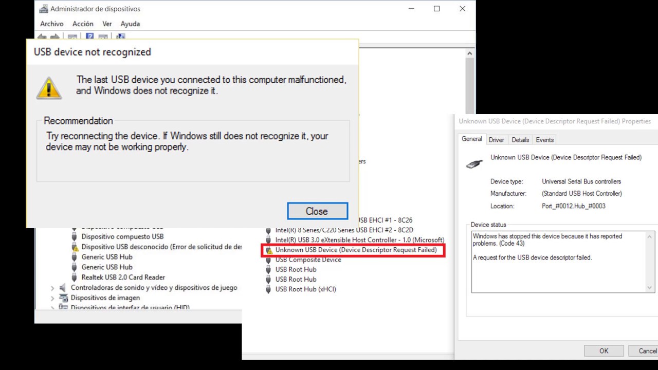 Cómo solucionar USB desconocido: solicitud de descriptor de dispositivo fallida